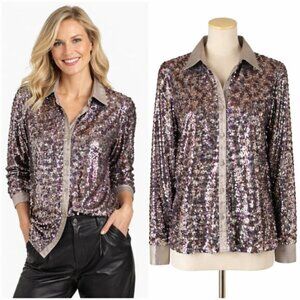 LilyPad Sequin Button Up Shirt Size M Multicolor Sparkle Party Top